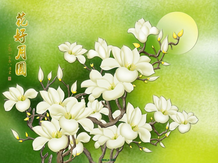 Hoa ngọc lan và trăng - tranh kính MHL2-118